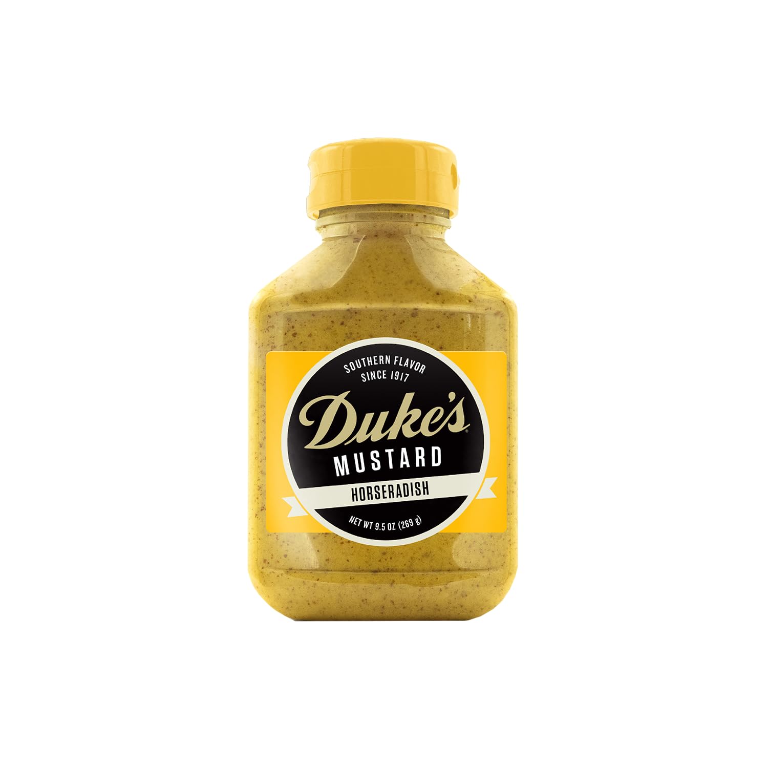 Duke's Horseradish Mustard squeeze bottle on a kitchen counter