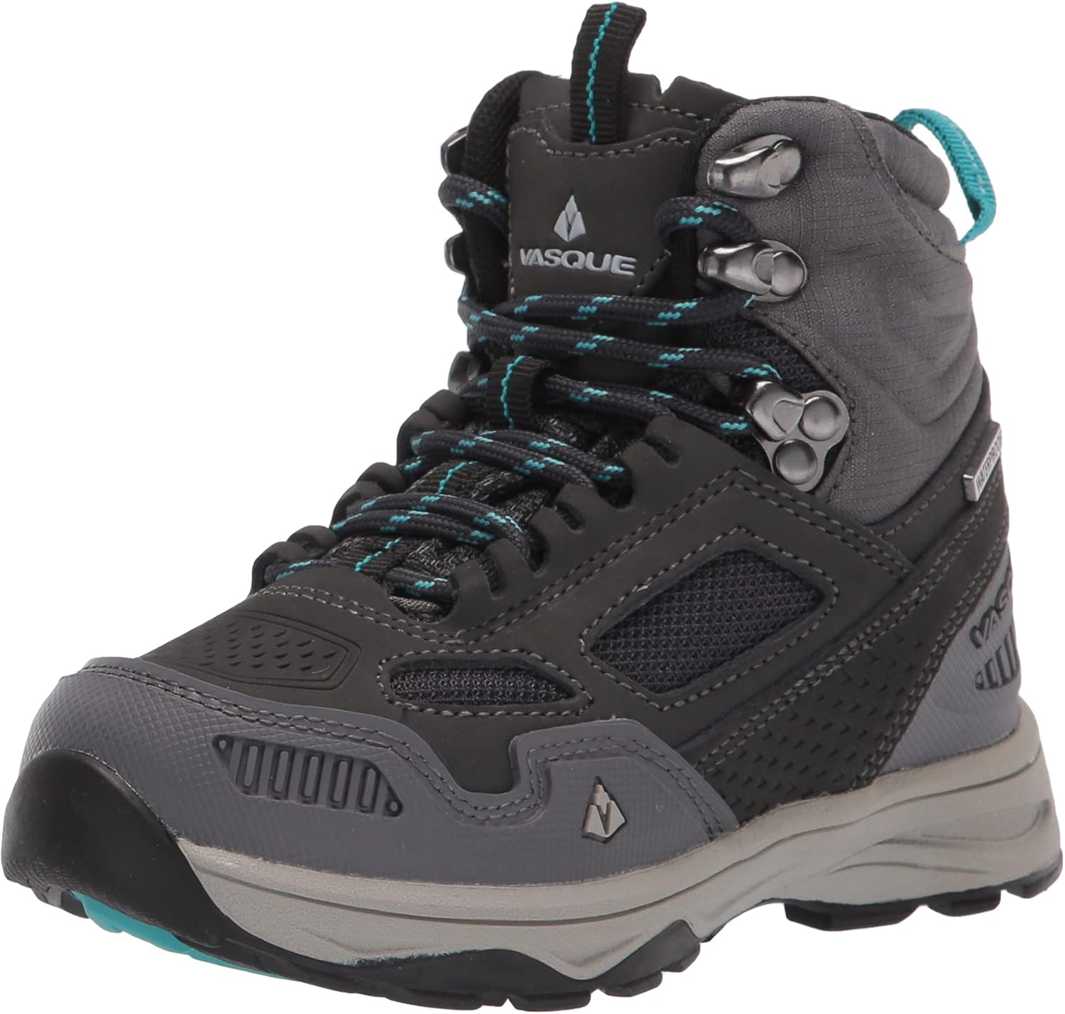 Vasque boys hiking boots in Magnet/Baltic color on a trail