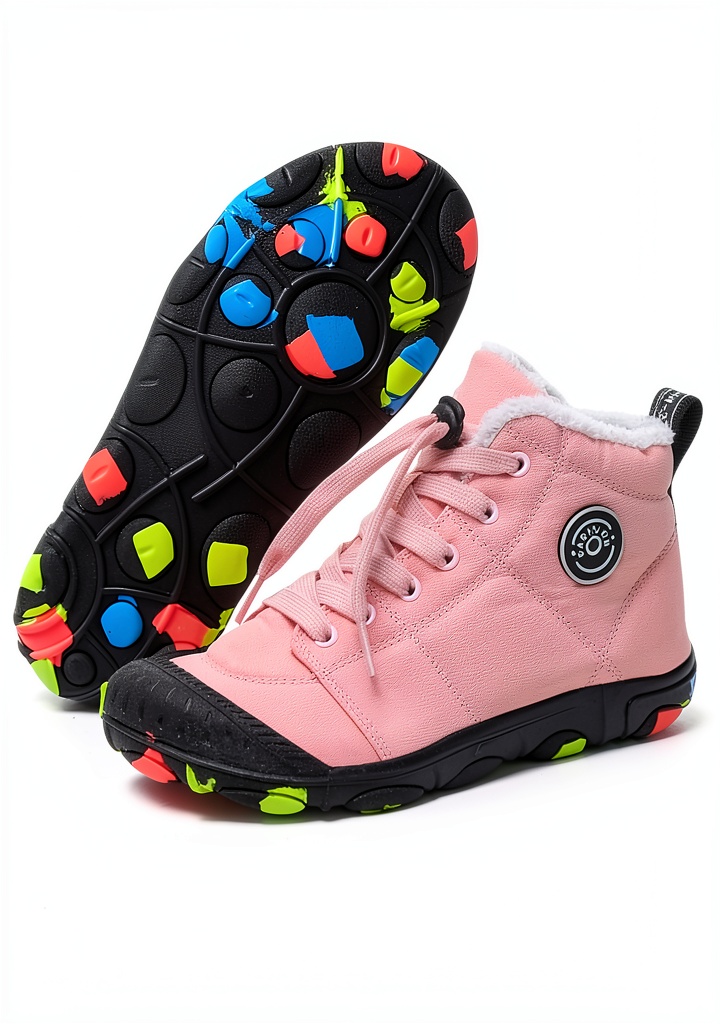 Installing Kids Waterproof Winter Shoes Hiking Boots Black Pink Gray on a wooden desk