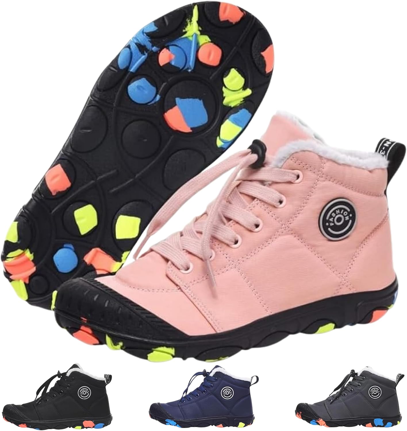 Kids wearing waterproof winter shoes in snowy conditions