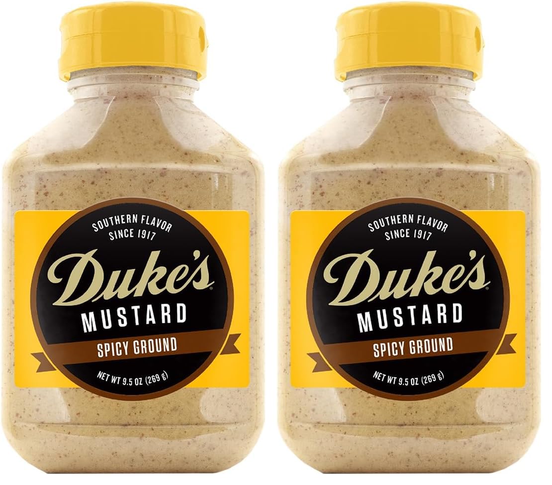 Duke's Spicy Ground Mustard bottle on a kitchen counter
