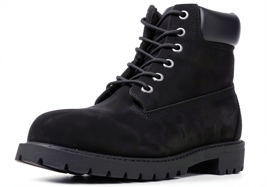 Timberland 6 Premium Boot in Black Nubuck on a rocky trail