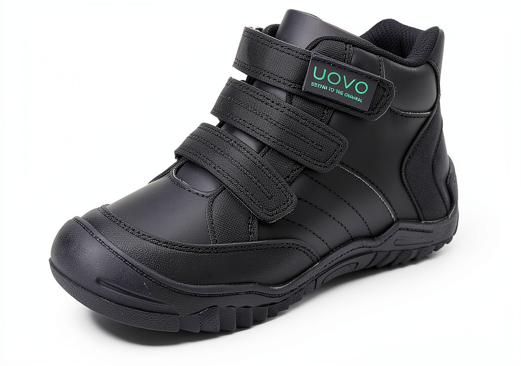 UOVO Boys Hiking Boots laid out on a wooden table with size chart beside them