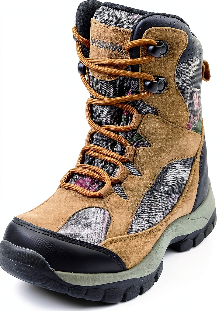 Child wearing Northside tan camo hiking boots on a forest trail