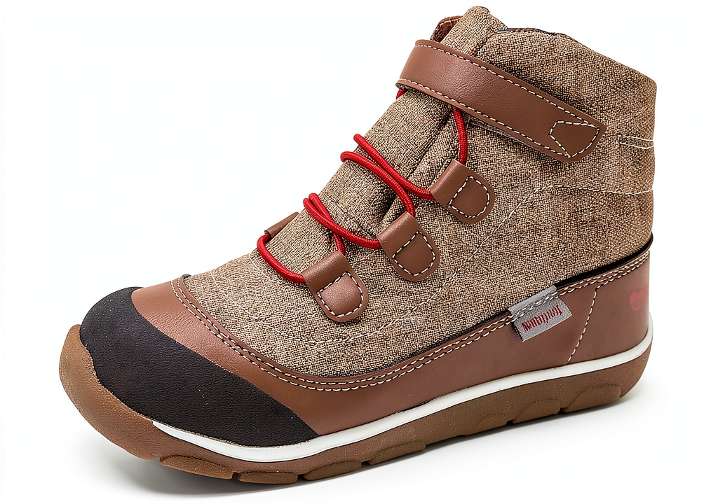 Installing See Kai Run Waterproof Hiking Boots for Girls on a wooden desk